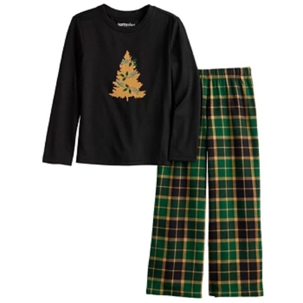 Jammies For Your Families Pine Needles & Snow Plaid Pajama Set:BLACK/GREEN: SZ 4